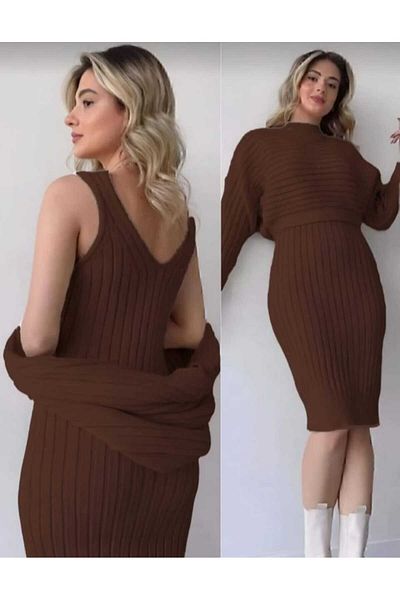 KNİTİCAL TEKSTİL Women's Cream Bat Sleeve Double Knitwear Suit