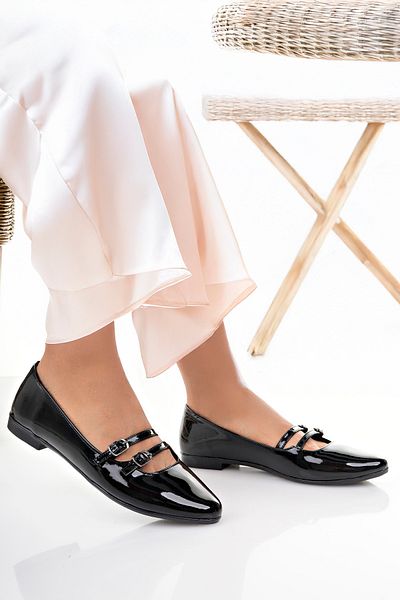 Firibu Women's Ballerinas Black Strappy Belted Lightweight Comfortable Stylish Business Office Daily Shoes Campaign Shoes