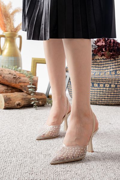 HERUS Pearly Transparent Stone Detailed Pearl Open Back Elastic Thin Heeled Women's Shoes