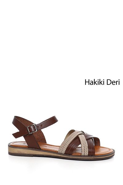 GÖNDERİ(R) Women / Girls Beige to Brown Cross Strap Genuine Leather Sandals