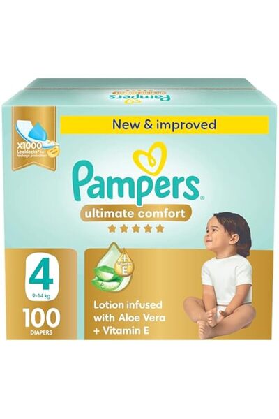 Pampers راحة فائقة، مقاس 4، 9-14 كجم، صندوق توفير ضخم، 100 حفاضة