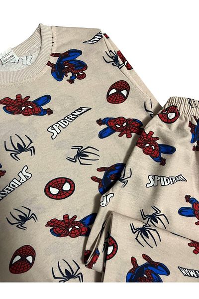 elmas kids Boy's Cotton Beige Color Spider Pattern Long Sleeve Winter Pajama Set