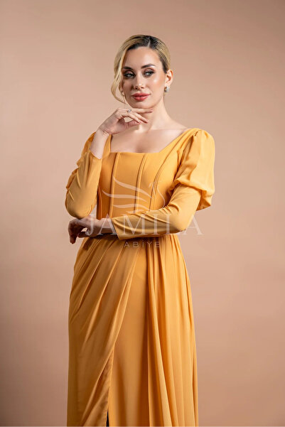 Lovely Dress Kare Yaka Uzun Kollu Kuplu Yırtmaçlı Abiye Elbise