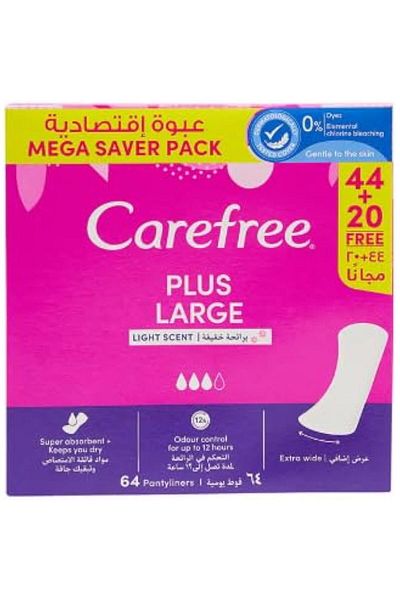 Carefree فوط صحية يومية، حجم كبير، رائحة خفيفة، عبوة من 64 قطعة