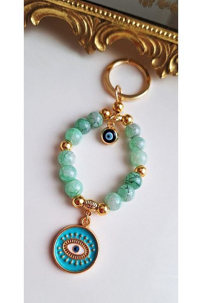 Svc Aksesuar Gift Evil Eye Beaded Moire Green Stylish Keychain 11.5 cm