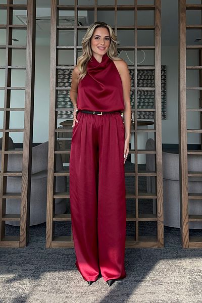 Laluvia Burgundy Satin Blouse Trousers Set - 304900