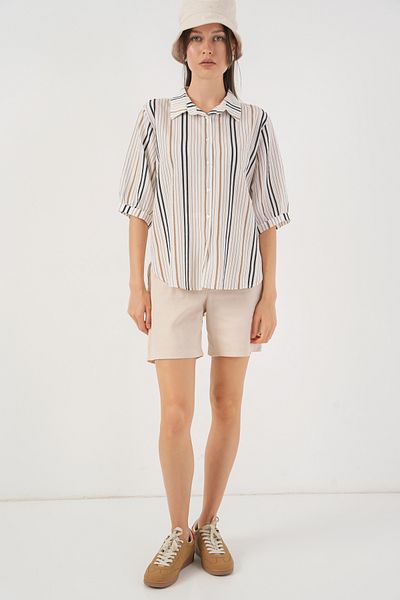 Bigdart Women's Striped Short Sleeve Shirt 20345 - Beige