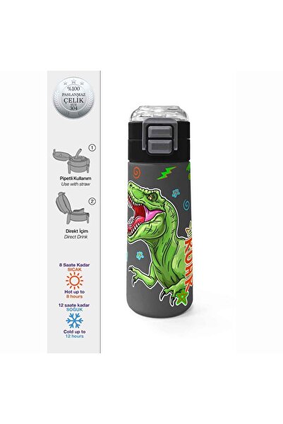 Coral High Siyah Gri Dinozor Desenli Çelik Termos Matara 500 ml 31946