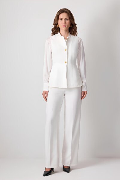 Touche Beyaz Gold Düğmeli Yelek Pantolon Takım mkn4001