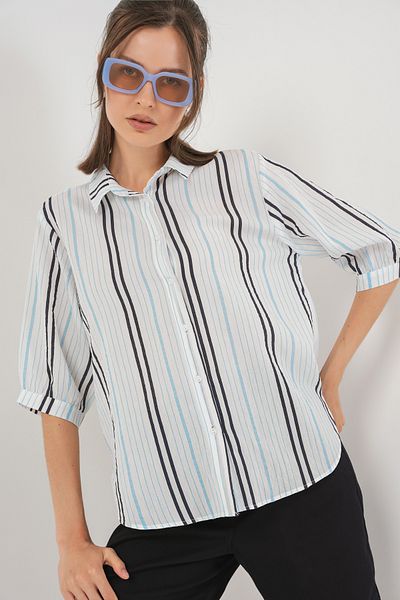 Bigdart Women's Striped Short Sleeve Shirt 20345 - Light Blue