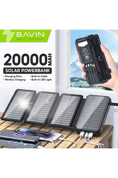 Bavin 20000mAh Solar Power Bank with 4 Foldable Solar Panels, LED Light, and 4 Built-in Charging Cables