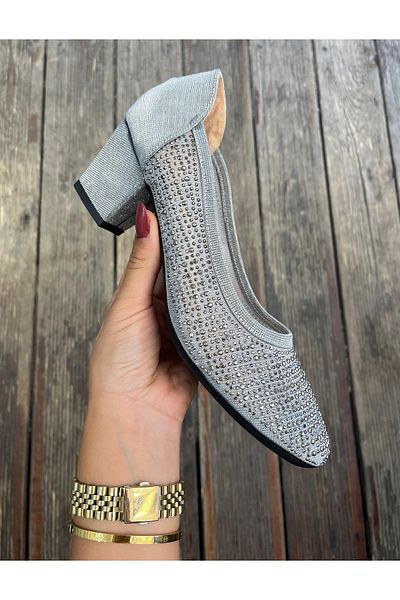 Nur Rose Women's Silver Stone Comfortable Daily Anatomical Stylish Evening Dress Cup Short Thick Heels Laceless Mother Shoes