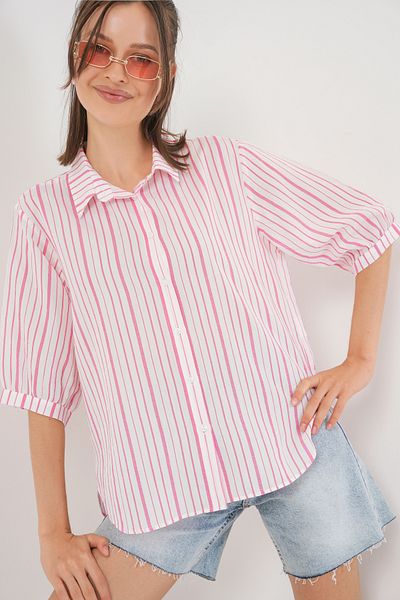 Bigdart Women's Striped Short Sleeve Shirt 20345 - Powder