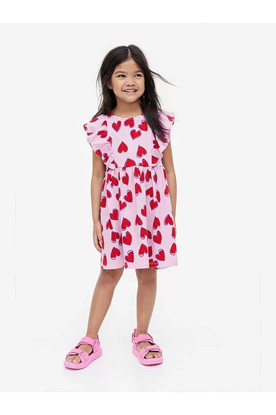 ZRA Hei Pink Red Heart Sleeves Ruffled Casual Girl Dress 2-4 Years