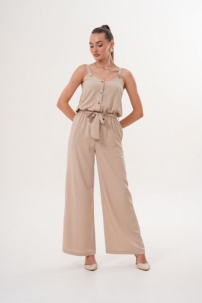 Shine Fine Button Detailed Mink Color Pocket Trousers Jumpsuit