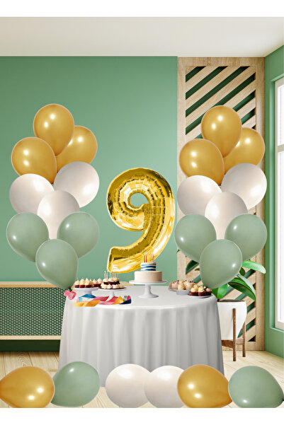 tedaks 9 Year Old Mildew Green Themed Birthday Set Metallic Gold Sand Beige M...