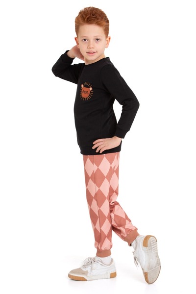 CiciTime Çocuk Modası Boy's Diamond Pattern Cat Embroidered Long Sleeve Bottom Top Tracksuit Set for Daily and Nursery