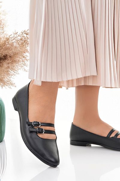 Firibu Women's Ballerinas Black Strappy Belted Lightweight Comfortable Stylish Business Office Daily Shoes Campaign Shoes