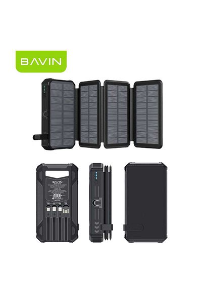Bavin 20000mAh Solar Power Bank with 4 Foldable Solar Panels, LED Light, and 4 Built-in Charging Cables