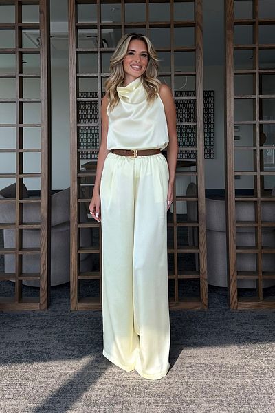 Laluvia Yellow Satin Blouse Pants Suit - 304900