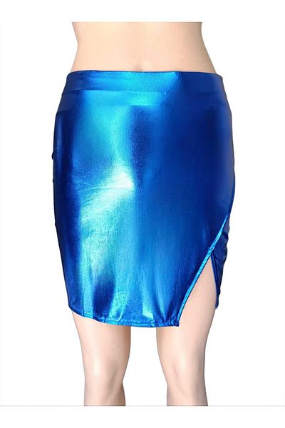COSMICLINE Women's Bright Fabric Sexy One Leg Slit High Waist Blue Evening Dress Mini Skirt