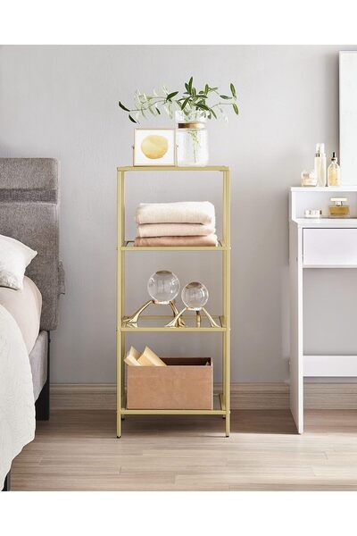 VASAGLE Bedroom Step Shelf, 4 Tiers, Tempered Glass, Steel Frame, 30x95x40cm, Gold