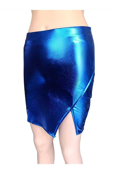 COSMICLINE Women's Bright Fabric Sexy One Leg Slit High Waist Blue Evening Dress Mini Skirt