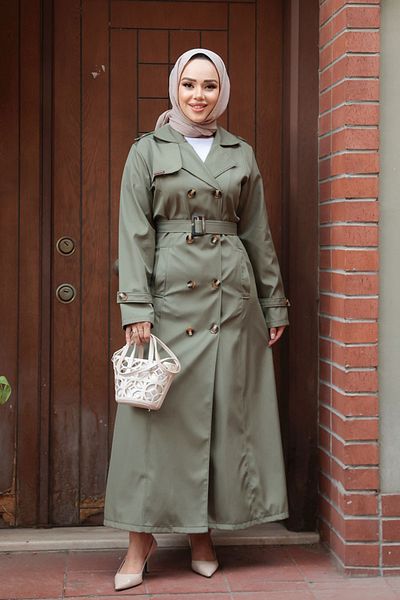 N.S NEVA STYLE Buttoned Light Khaki Hijab Trench Coat 7261Ahk