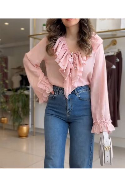 DİMA Long Sleeve Blouse with Ruffle Collar and Sleeves