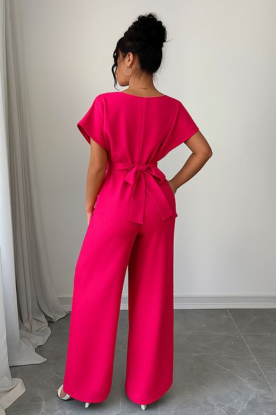 Deafox Salopetă cu mânecă scurtă pentru femei fucsia, cu guler dublu, cu centură