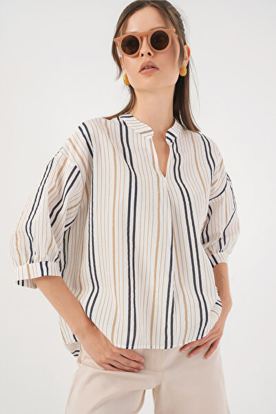 Bigdart Women's Striped Oversize Blouse 967 - Beige