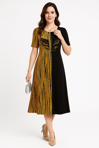 dorbe women’s black yellow contrast panel short-sleeved modest work & party outfit midi a-line dress