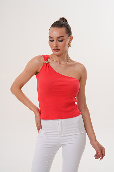 Shine Fine 100% Cotton Women's Bodysuit with One Shoulder Accessory Detail