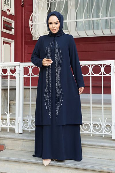 N.S NEVA STYLE Beaded Navy Blue Hijab Abaya 29132L