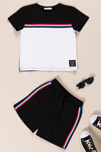 for you kids Front and Side Colorful Stripe Striped Label Detail Boys T-Shirt Shorts Set |   Black and White