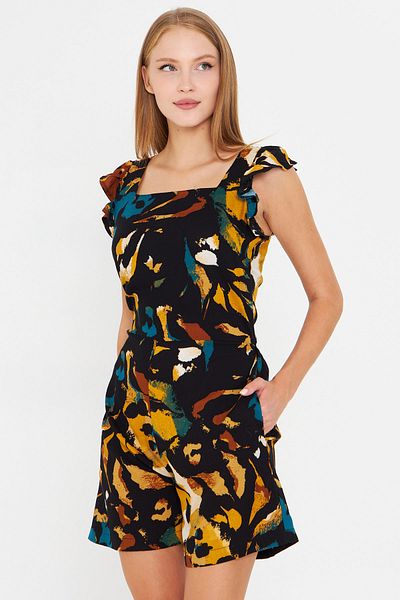 armonika Women's Mustard Short Jumpsuit with Ruffled Sleeves and Tie Back Pockets Arm-25Y001099