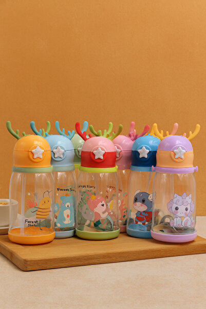 Lavin 600 ml Deer Figured Emoji Water Bottle with Straw – Bpa-Free, Leak-Proof Lid, Portable Flask