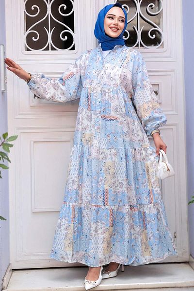 N.S NEVA STYLE Patterned Baby Blue Hijab Dress 710503Bm