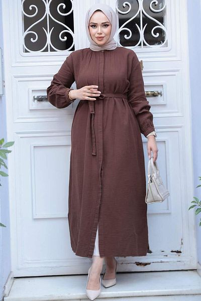 N.S NEVA STYLE Buttoned Brown Hijab Tunic 19045Kh