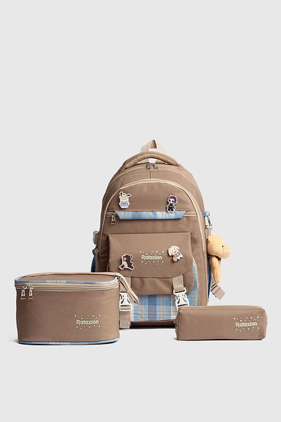 Relaxion Rlx-1396 Set of 3 Children's Primary School Bag Backpack with Pen Holder and Lunch Bag Mink