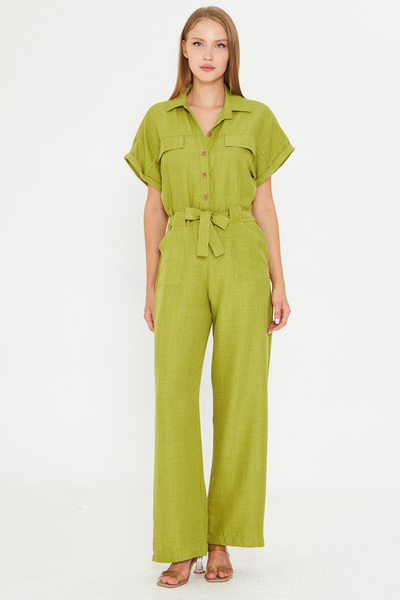 armonika Γυναικεία λαδί πράσινη μπροστινή μπλούζα με ζώνη μέσης με τσέπες μανίκια Palazzo Jumpsuit ARM-24Y001105