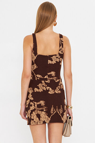 armonika Γυναικείο Μίνι Φόρεμα Καφέ-Μπεζ Τετράγωνο Γιακά Στενό Σορτς ARM-25Y001095