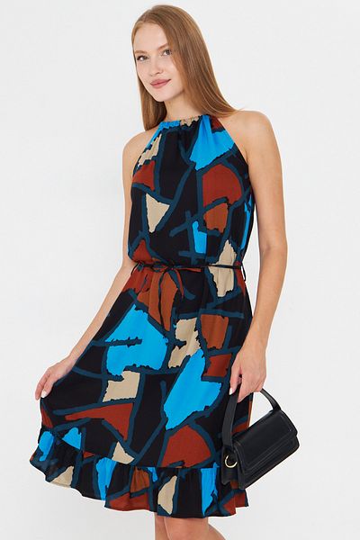 armonika Women's Blue Halter Neckline Waist Belted Skirt Ruffle Dress Arm-23Y001112