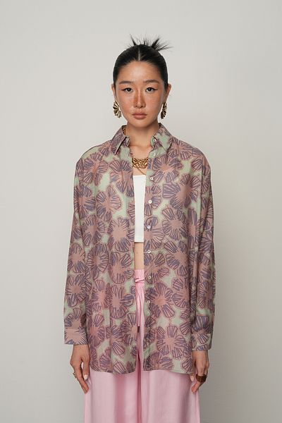 Orfeo Negro Women's Mint Color Flower Patterned Oversize Cut Shirt