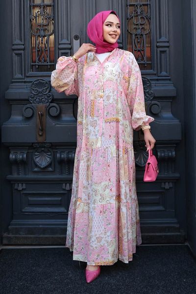N.S NEVA STYLE Patterned Powder Hijab Dress 710503Pd