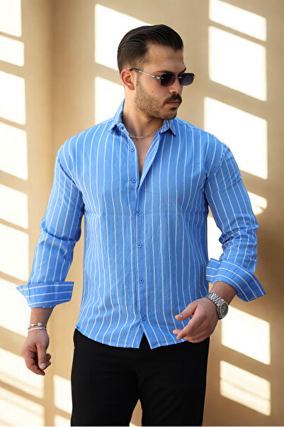 COMBİNE MİCHAİL Erkek Salaş Çizgili Yazlık Mavi Bol Gömlek
