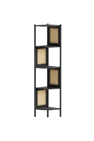 VASAGLE Boho Corner Shelf, Metal Frame, MDF Shelves and Poly Rattan Panels, 32x32x156cm, Black
