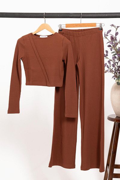 FOR YOU MODA Голям размер комплект от дълги долни и горни дрехи от вафелна материя – кафяв | 100% памук, естествена материя