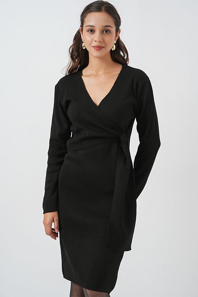 Merterium Women's Double Breasted Collar Knitwear Dress Black 1168