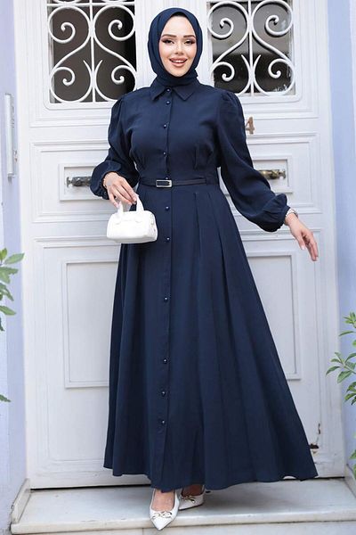 N.S NEVA STYLE Buttoned Navy Blue Hijab Dress 19044L
